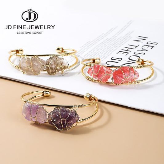 JD Natural Stone Amethysts Pink Quartz Bangles Women Bohemia Rough Ore Mineral Cuff Copper Bracelet Gold Color Wire Wrap Jewelry