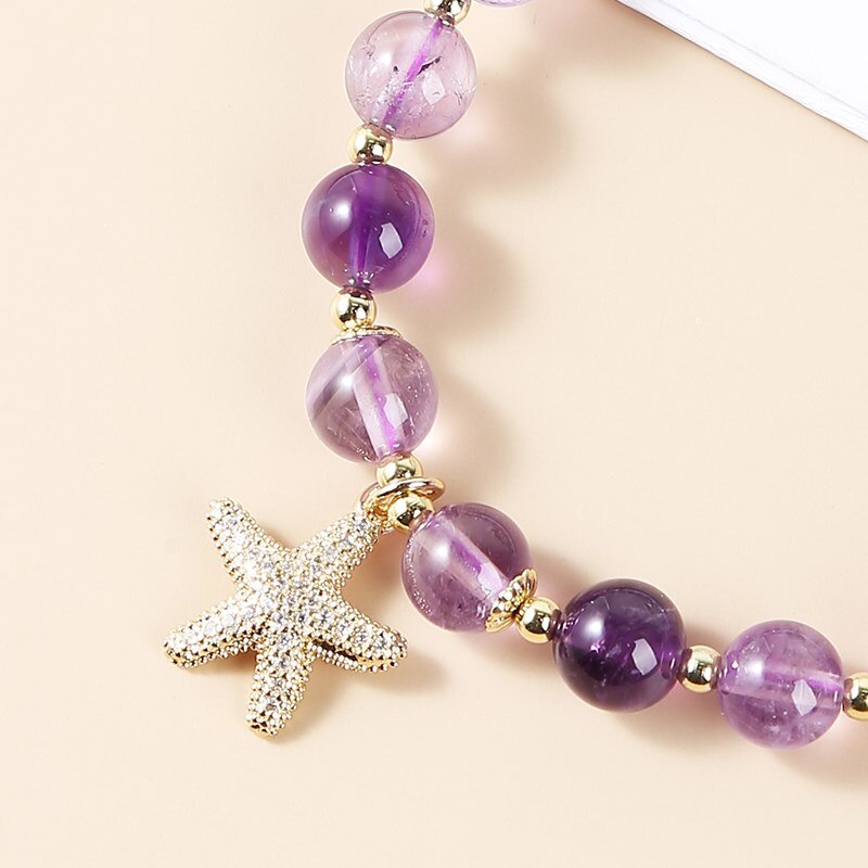 JD Natural Amethysts Starfish Bracelet Women Girls Charm Stone Beads Crystal Healing Puprle Jewelry Handmade Bangles For Gift