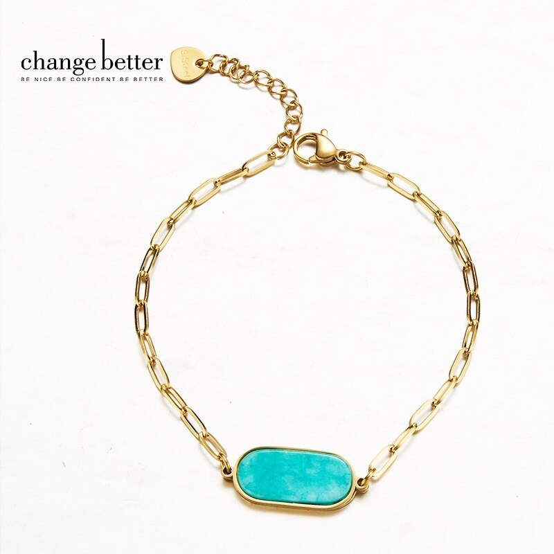 CHANGE BETTER Natural Blue Chalcedony Oval Shape Bracelet Women Trendy Titanium Steel Gemstone Chain Wristhand Jewelry For Girls