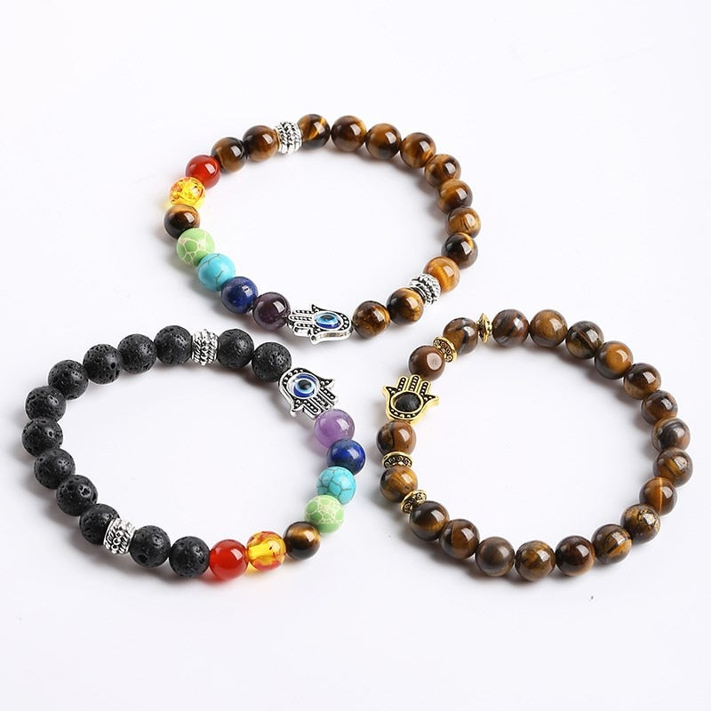 JD Natural Black Lava Stone 7 Chakra Beads Yoga Bracelet Men Women Prayer Fatima Hamsa Hand Charm Tiger Eye Bangles Lucky Gifts