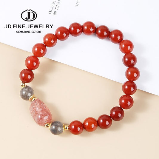 JD Natural Red Agate Beads Strawberry Quartz Pixu Bracelet Women Fashion Feng Shui Wealth Lucky Strand Bangles Lovers Jewelry