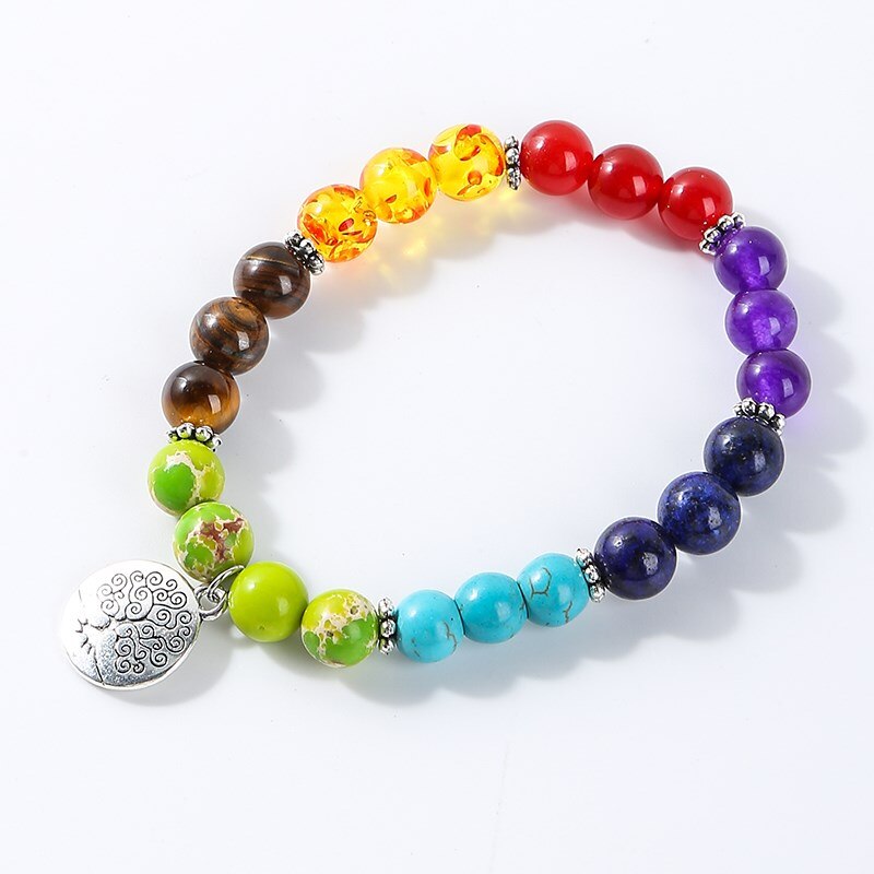 JD Natural Stone Bead Seven Chakra Bracelets Men Women Life of Tree Charms Yoga Energy Meditation Elastic Bangles Jewelry Gift