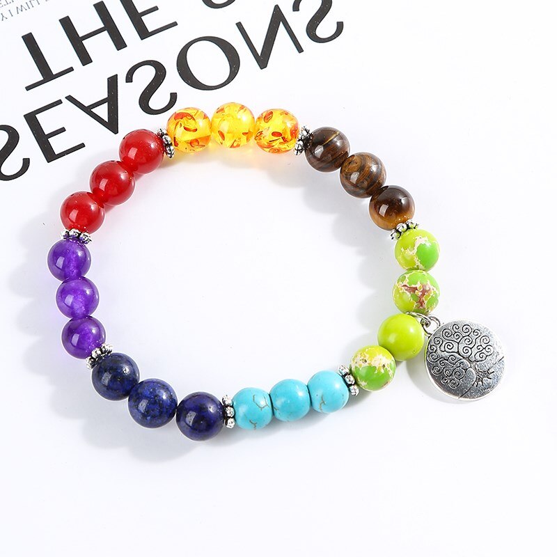 JD Natural Stone Bead Seven Chakra Bracelets Men Women Life of Tree Charms Yoga Energy Meditation Elastic Bangles Jewelry Gift