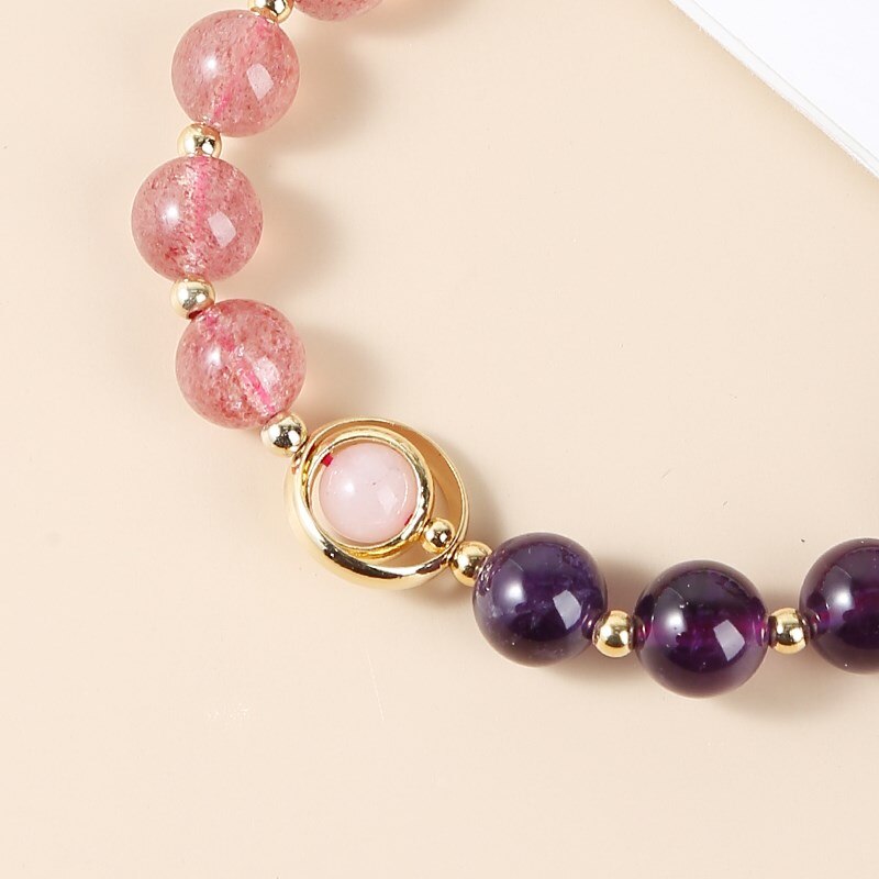 JD Natural Amethysts Strawberry Quartz Women Bracelets Gold Color Round Beads Crystal Bangles Female Fashion Jewelry Gifts