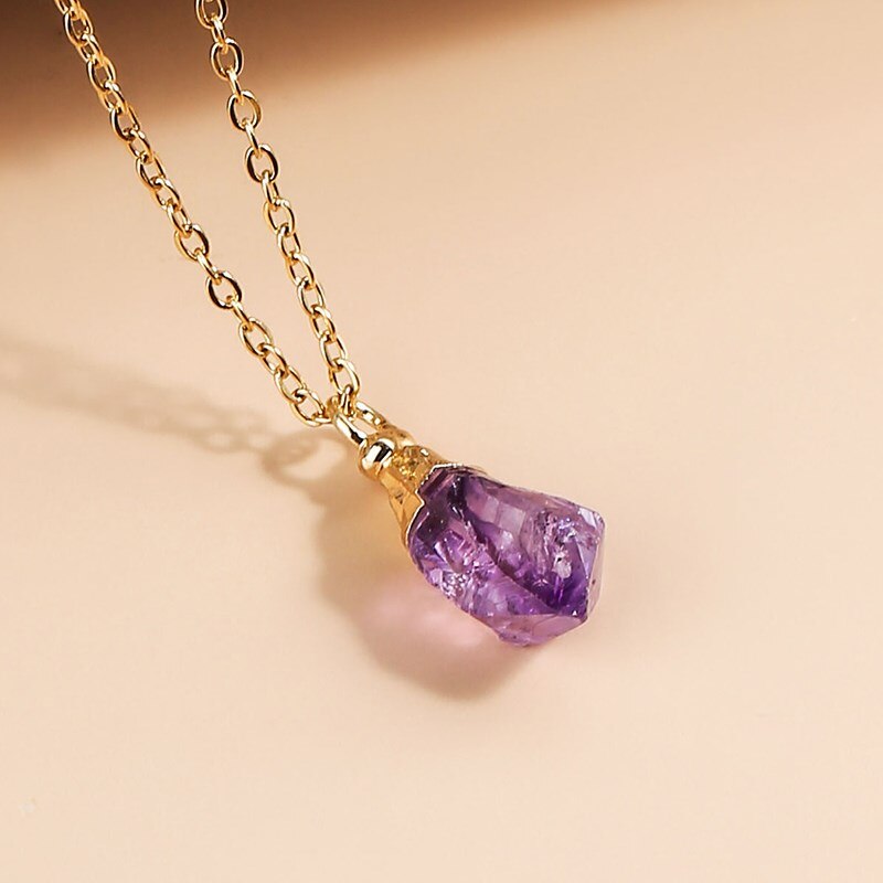 JD Alloy Purple Color Natural Amethyst Stone Chain Necklace Rhinestone Quartz Pendant Charms Necklaces Collar