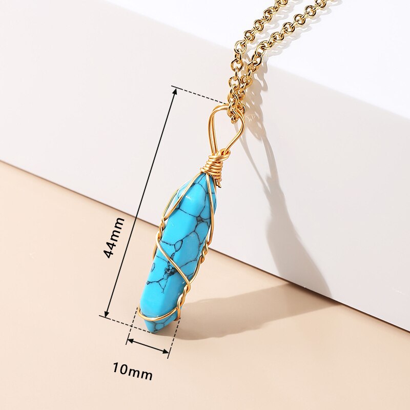 JD 13 Colors Hexagonal Cylindrical Crystal Necklace Natural Stone Pendant Wire Wrap Stone Necklace for Women Men Fashion Jewelry