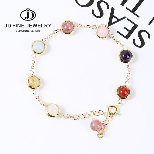 JD Natural Crystal Bead Chain Bracelets Women Elegant 6mm Round Colorful Bead Strawberry Quartz Amethyst Sweet Healing Bangles