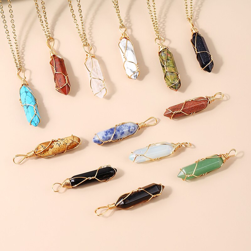 JD 13 Colors Hexagonal Cylindrical Crystal Necklace Natural Stone Pendant Wire Wrap Stone Necklace for Women Men Fashion Jewelry