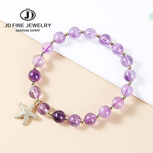 JD Natural Amethysts Starfish Bracelet Women Girls Charm Stone Beads Crystal Healing Puprle Jewelry Handmade Bangles For Gift