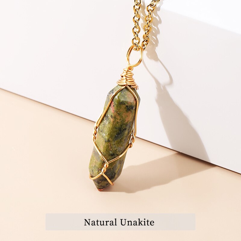 JD 13 Colors Hexagonal Cylindrical Crystal Necklace Natural Stone Pendant Wire Wrap Stone Necklace for Women Men Fashion Jewelry