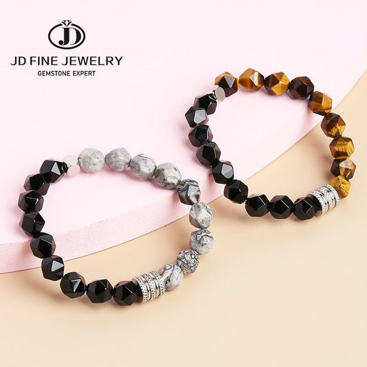 JD Classic Bracelet 10MM Faceted Black Agate Nature Charm High Quality Punk Rock Mens Bracelet Chain Jewelry Friendship Gifts