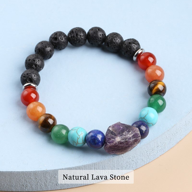 JD Amethyst Rough 7 Chakra Natural Beads Stone Reiki Healing Bracelet Man Women Lava Turquoise Combined Bangles Yoga Jewelry