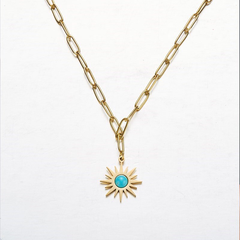 CHANGE BETTER Natural Green Turquoise Inlay Sun Flower Shape Pendant Necklace Women Gold Color Chain Choker Elegant Jewelry Gift