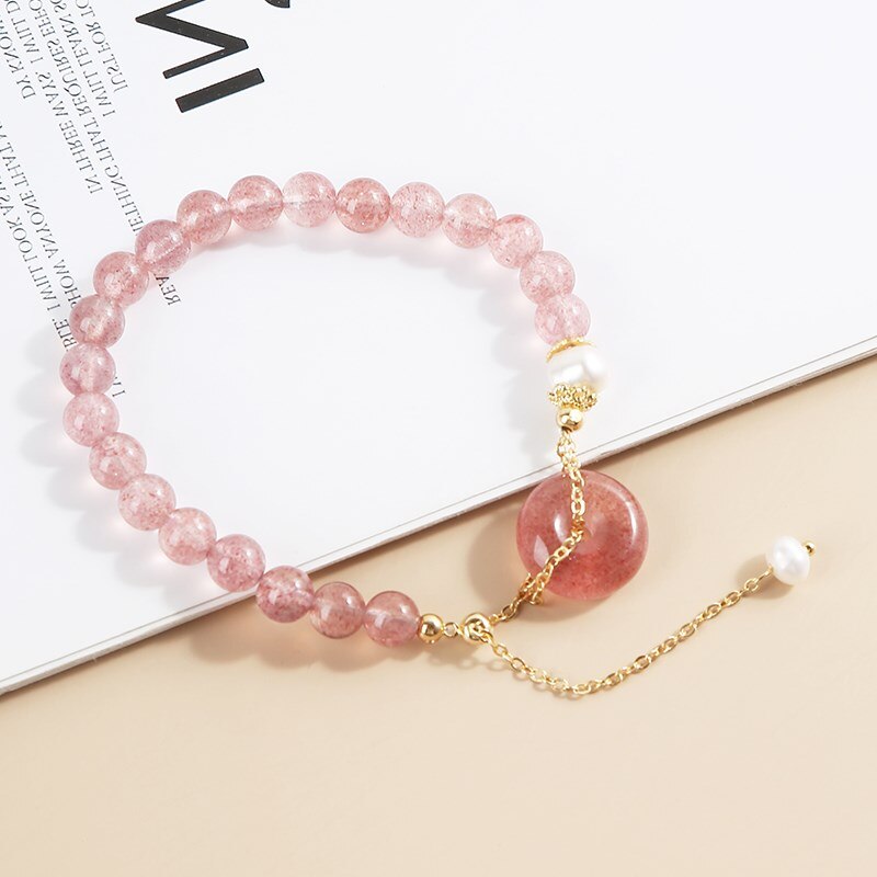 JD Natural Strawberry Quartz Beaded Bracelet Women Sweet Peace Buckle Pearl Charm Handmade Bangles Female Cute Wristband Jewelry