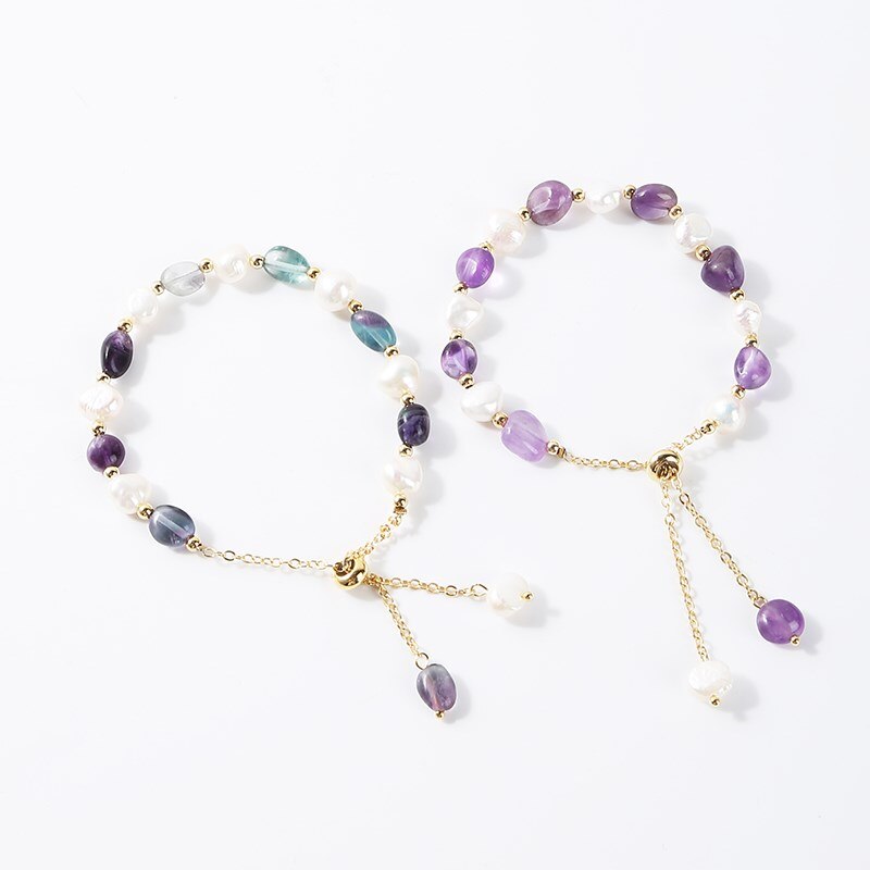 JD Irregular Natural Amethysts Pearl Pendant Bracelet Women Sweet Green Aventurine Gold Color Adjustable Charm Bangles Jewelry