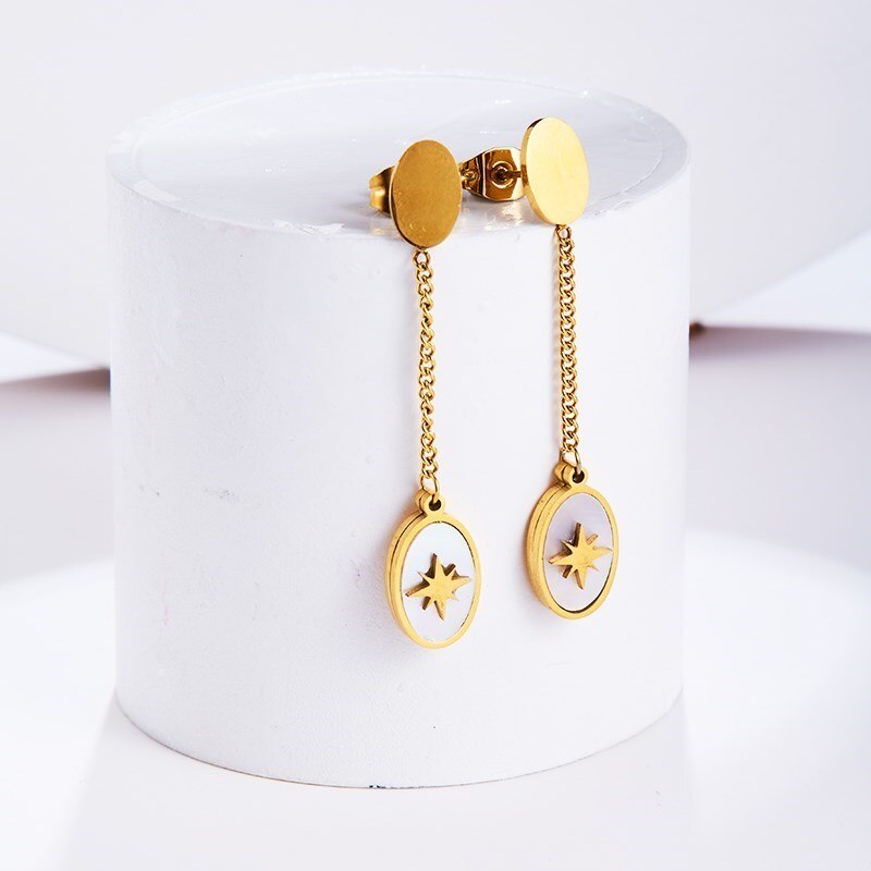 CHANGE BETTER Korean Retro Natural White Shell Eight Awn Star Drop Earring Women Gold Color Temperament Clavicle Chain Necklace