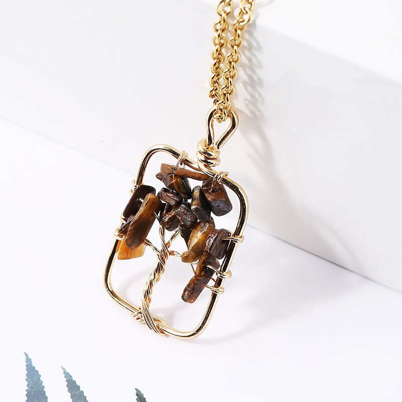 JD Natural Crystal Gravel Beads Tree of Lift Pendant Necklace Reiki Healing Amethysts Chip Stone Braided copper wire Jewelry