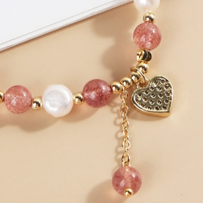 JD Natural Strawberry Quartz Crystal Beaded Bracelets Women Fashion Love Heart Gold Color Stainless Steel Crystal Bangles Gifts