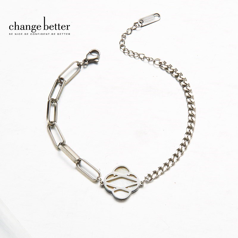 CHANGE BETTER Natural White Shell Four-leaf Clover Chain Bracelet Women Silver Color Stainless Steel Lucky Adjustable Bangles