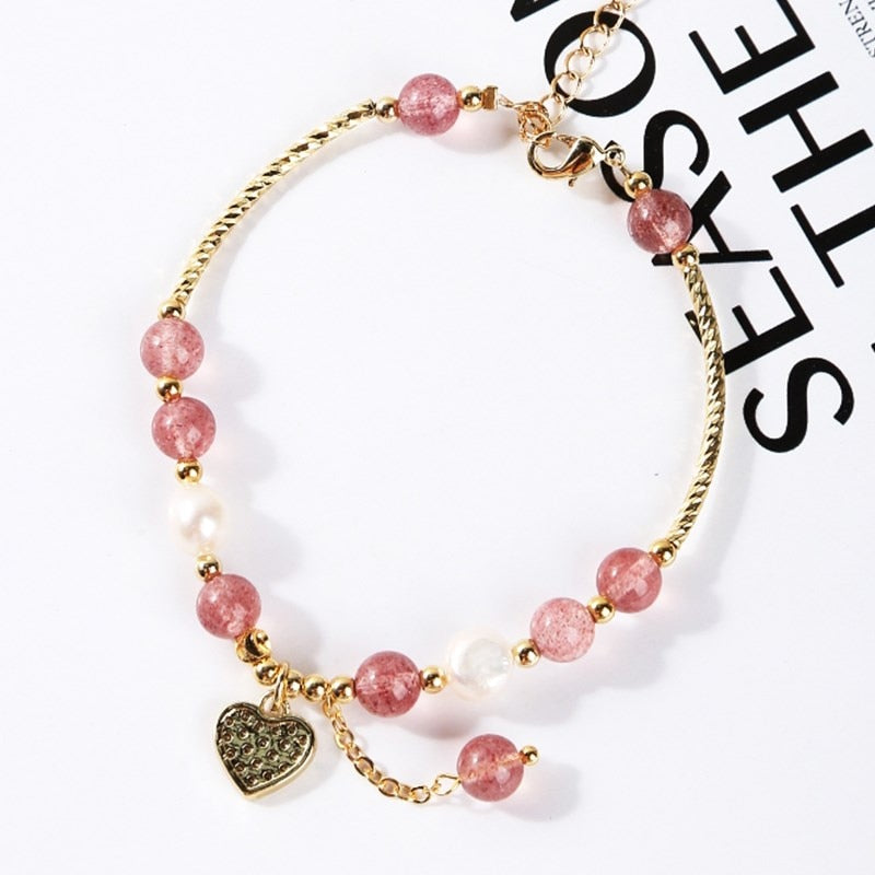 JD Natural Strawberry Quartz Crystal Beaded Bracelets Women Fashion Love Heart Gold Color Stainless Steel Crystal Bangles Gifts