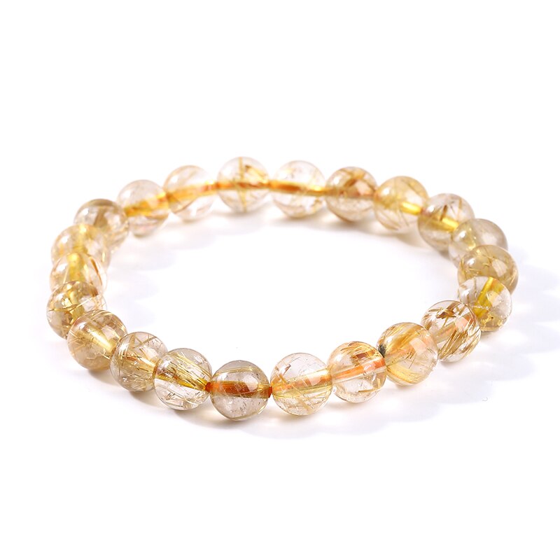 JD Natural Ice Gold Color Rutilated Quartz Bead Bracelet Women Fashion Reiki Healing Crystal Clear Bead Strand Bangles Gifts
