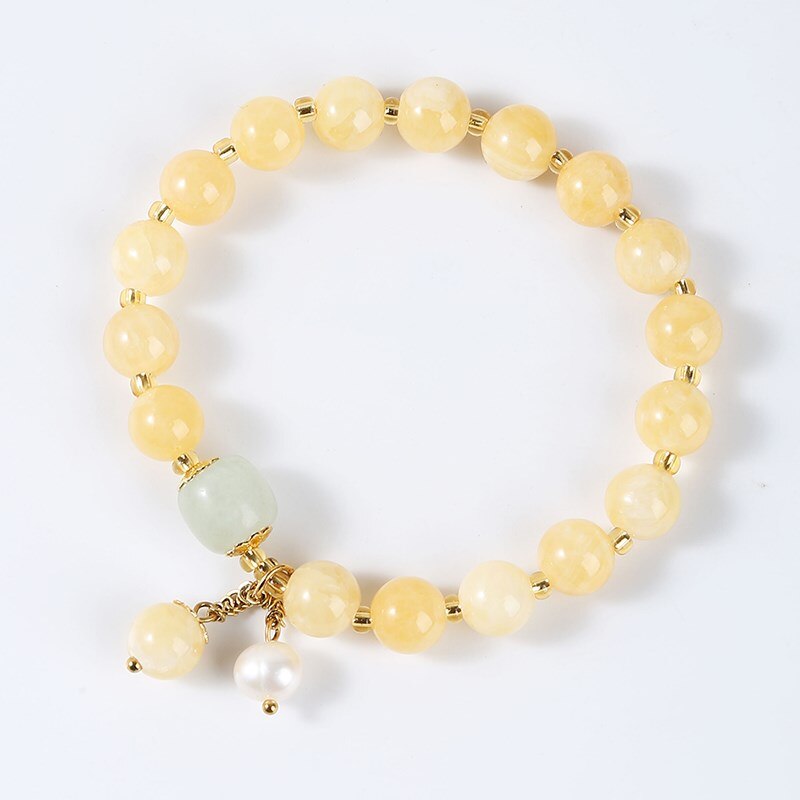 JD Elegant Natural Light Yellow Jade Pearl Pendant Bracelet For Women Korean Fashion Handmade Elastic Rope Charms Wrist Bangles