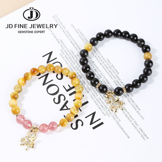 JD Natural Stone Strawberry Crystal Unicorn Pendant Bracelets Women Lovely Black Obsidian Elastic Wristband Jewelry Girls Gifts