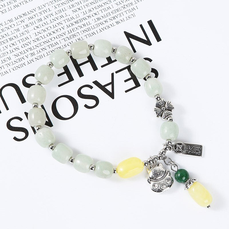 JD Sweet Lucky Cat Crystal Charm Flower Bracelets Women Trendy Natural Green Aventurine Beads Bangels Female Summer Jewelry Gift