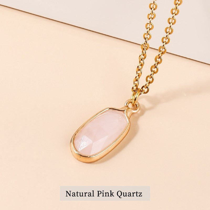 JD Natural Stone Pink Quartz Tiny Pendant Necklace Faceted Oval Shape Amethysts Stainless Steel Charm Healing Choker Girls Gift