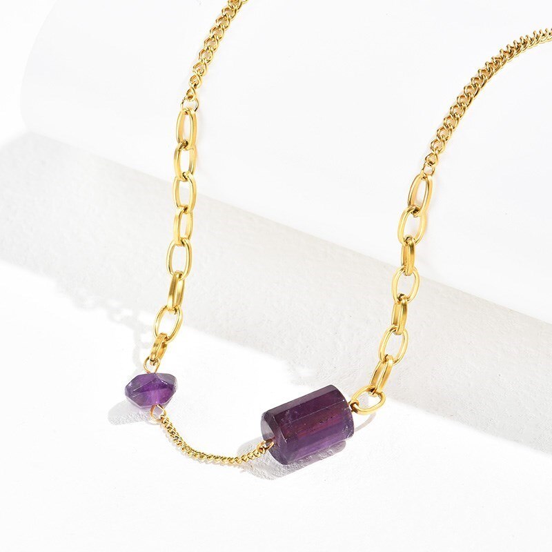 CHANGE BETTER Gold Color Stainless Steel Necklace Women Trendy Natural Stone Tiger Eye Amethyst Charm Chain Choker Jewelry Gifts