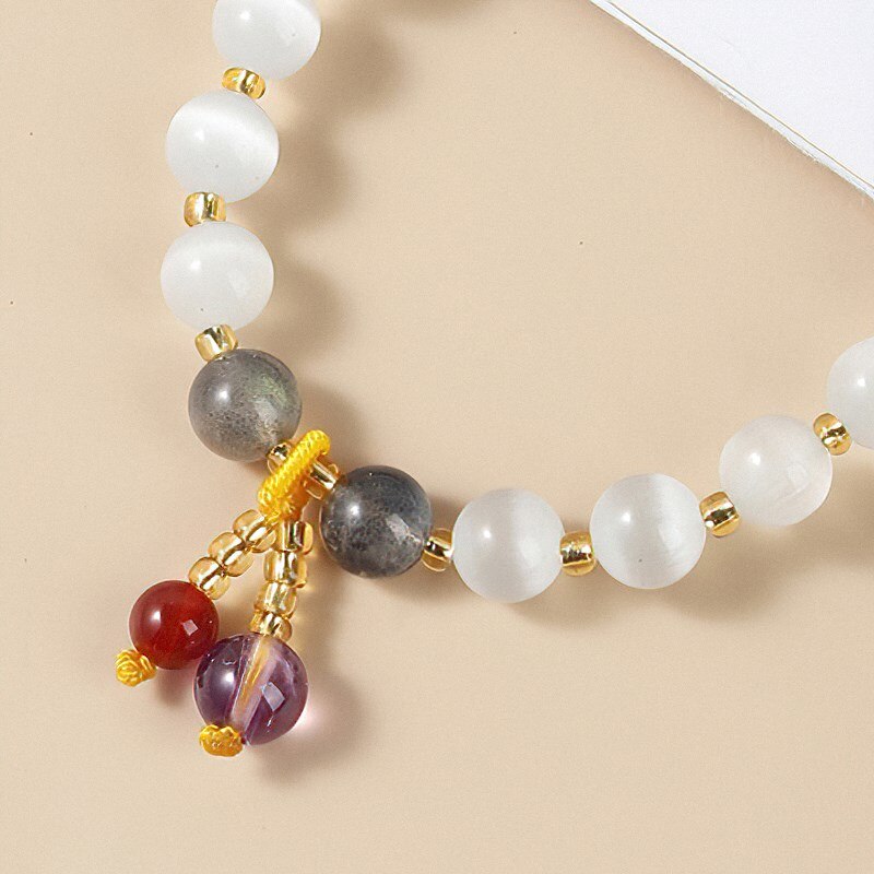 JD Cute Cat Eyes Amethysts Charm Lucky Bracelet Women Natural Opal Round Beads Stone Agate Bangles Handmade Jewelry Girl Gifts