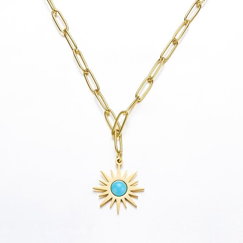 CHANGE BETTER Natural Green Turquoise Inlay Sun Flower Shape Pendant Necklace Women Gold Color Chain Choker Elegant Jewelry Gift