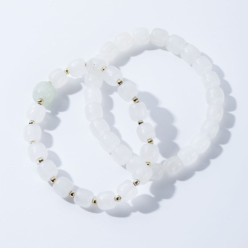 JD Natural White Jade Barrel Shape Beads Bracelet Women Fashion Golden Separator Handmade Elastic Reiki Stone Wrist Bangles