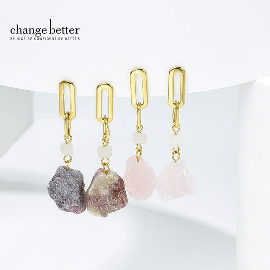 Change Better Natural Rose Quartz Rough Stone Dangle Earring Women Bohe Stainless Steel Raw Crystal Hoop Ear Stud Jewelry Gift