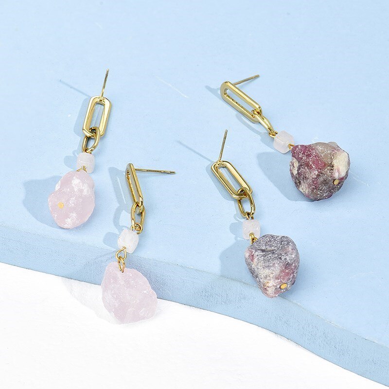 Change Better Natural Rose Quartz Rough Stone Dangle Earring Women Bohe Stainless Steel Raw Crystal Hoop Ear Stud Jewelry Gift