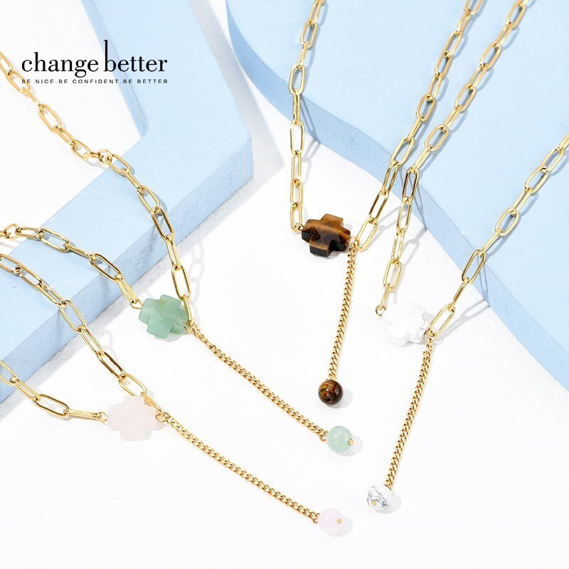 CHANGE BETTER Stainless Steel Natural Stone Bead Necklace Women Green Aventurine Gold Plated Choker Chain Necklace Trend Jewelry