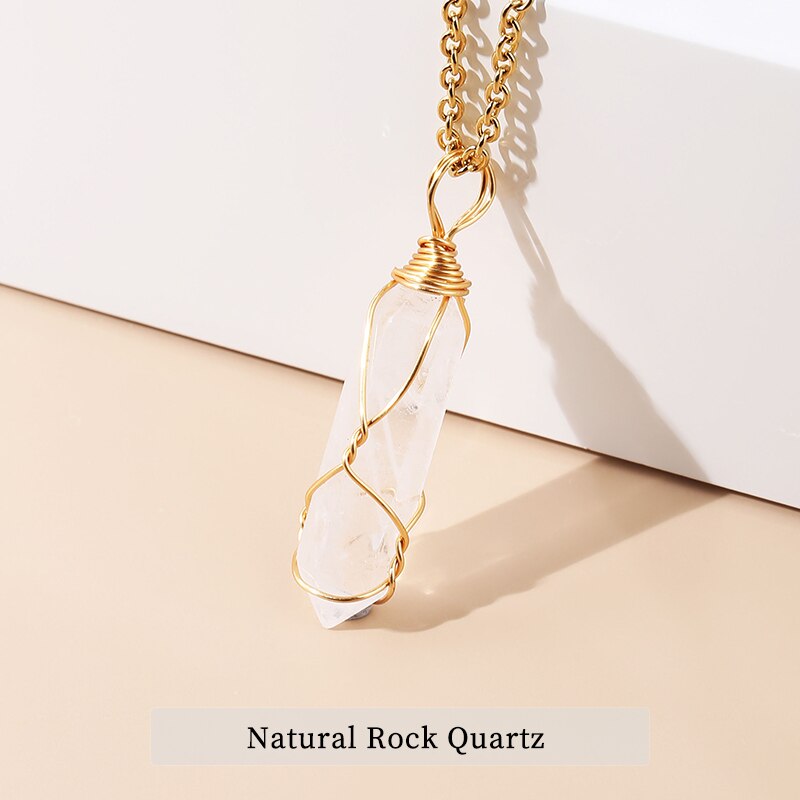 JD 13 Colors Hexagonal Cylindrical Crystal Necklace Natural Stone Pendant Wire Wrap Stone Necklace for Women Men Fashion Jewelry