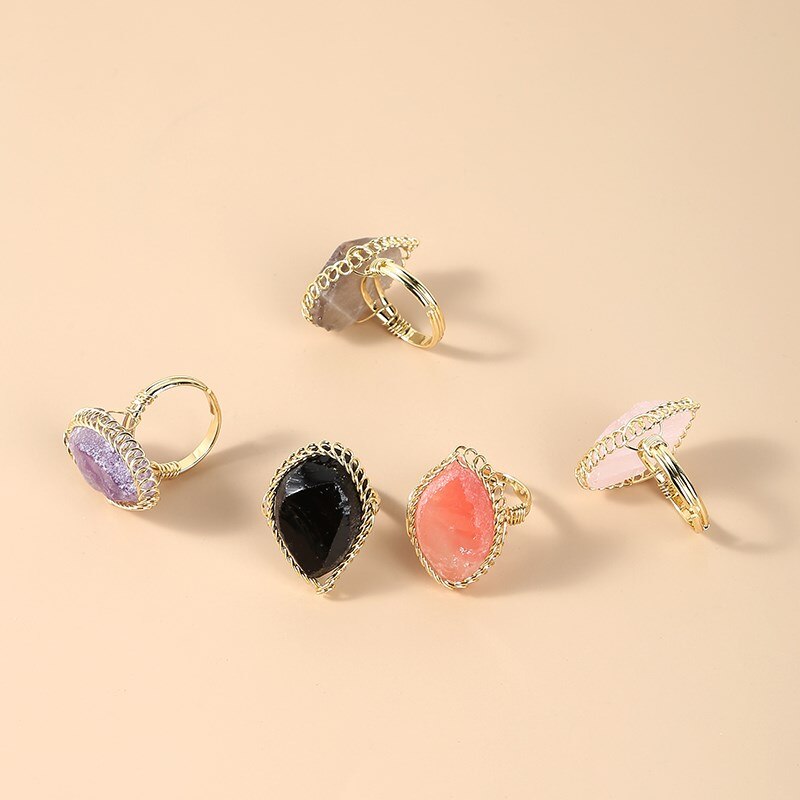 JD Natural Crystal Stone Rough Pink Quartz Braided Copper Wire Ring Women Bohe Irregular Amethysts Gold Color Adjusable Rings