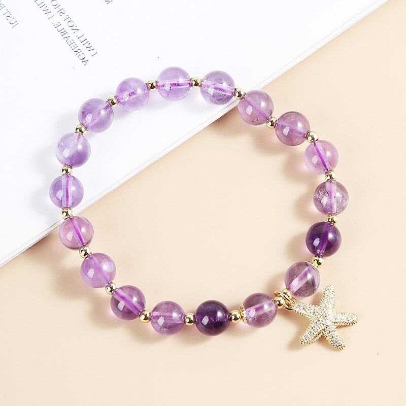 JD Natural Amethysts Starfish Bracelet Women Girls Charm Stone Beads Crystal Healing Puprle Jewelry Handmade Bangles For Gift