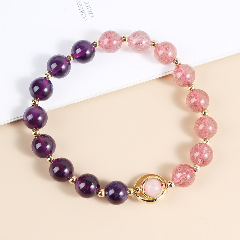 JD Natural Amethysts Strawberry Quartz Women Bracelets Gold Color Round Beads Crystal Bangles Female Fashion Jewelry Gifts