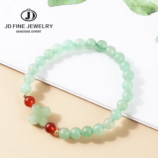 JD 6mm Natural Stone Green Aventurine Four-Leaf Clover Strand Bracelets Women Lucky Charm Stretch Bangles Wristband Yoga Jewelry