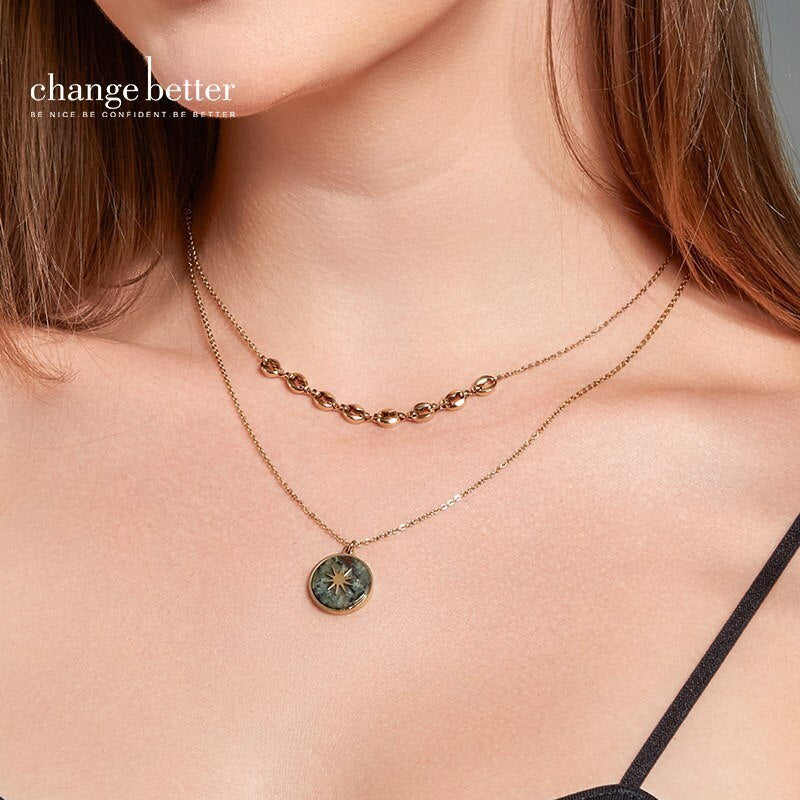 Change Better Natural Red Green Treasure Hexagram Inlay Round Pendant Necklace Women Bohe Double Layer Chain Choker Girl Jewelry