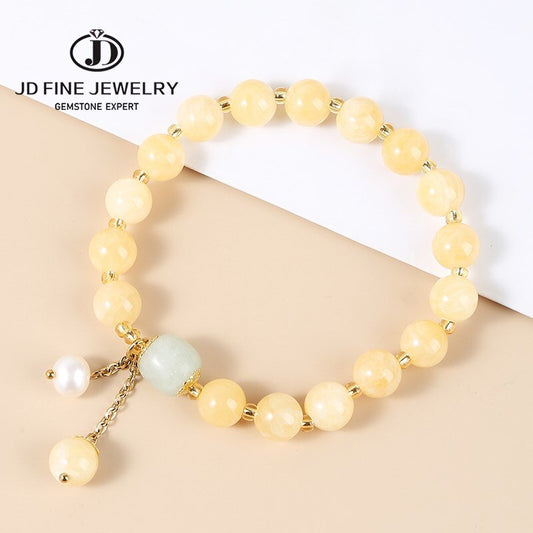 JD Elegant Natural Light Yellow Jade Pearl Pendant Bracelet For Women Korean Fashion Handmade Elastic Rope Charms Wrist Bangles