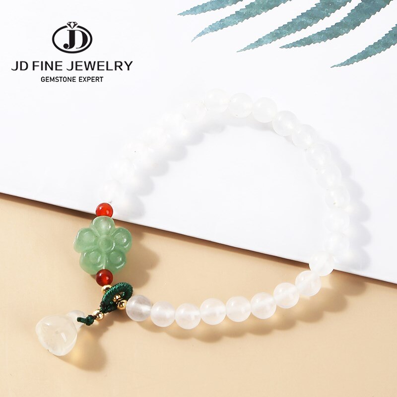 JD Natural White Jade Lotus Bracelet For Women Elegant Trendy Handmade Rope Round Beads Bangles Girls Lucky Charm Wristhand Gift