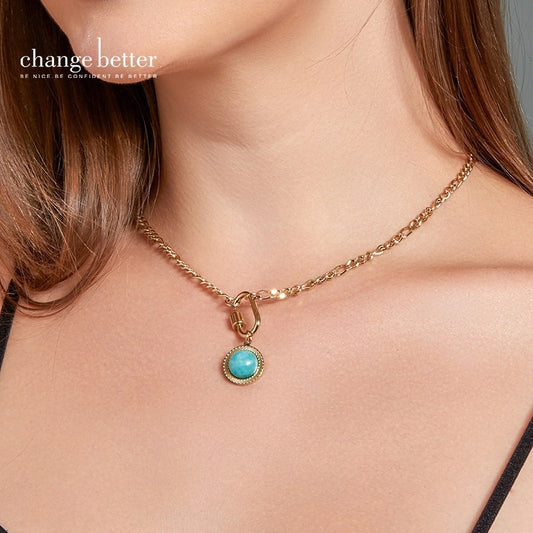 CHANGE BETTER Natural Turquoise Round Bead Pendant Choker Women Gold Color Stainless Steel Chain Stone Necklace Female Jewelry