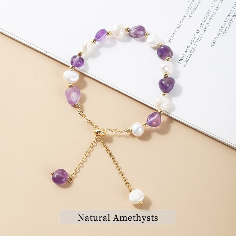 JD Irregular Natural Amethysts Pearl Pendant Bracelet Women Sweet Green Aventurine Gold Color Adjustable Charm Bangles Jewelry