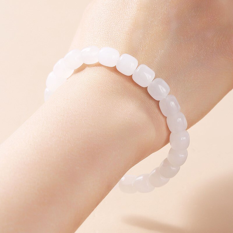 JD Natural White Jade Barrel Shape Beads Bracelet Women Fashion Golden Separator Handmade Elastic Reiki Stone Wrist Bangles