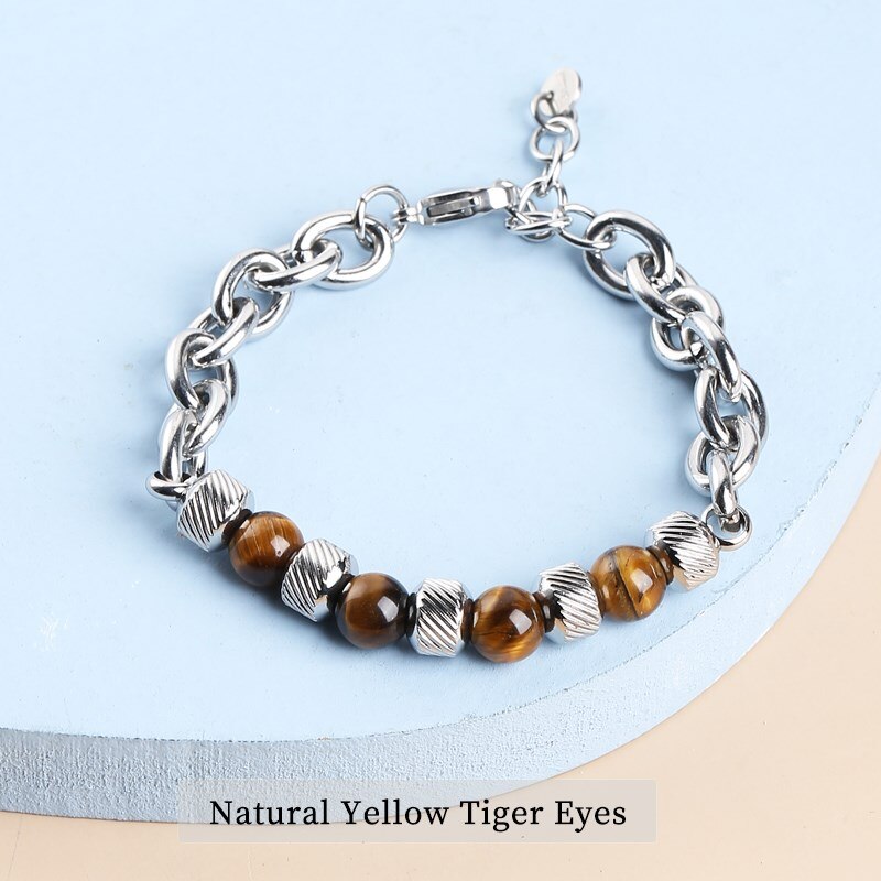 CHANGE BETTER Natural Tiger Eye Lava stone Bead Chain Bracelet Men Stainless Steel Cuban Chain Adjustable Bangles Jewelry Gifts