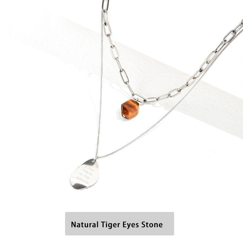 Change Better Hip Hop Stainless Steel Double-layer Clavicle Chain Pendant Necklace Women Natural Tiger Eye Stone Charms Jewelry