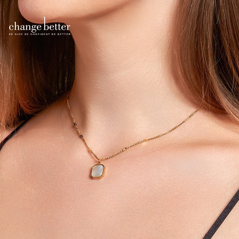 CHANGE BETTER Natural White Fritillaria Hexagon Pendant Necklace Women Elegant Shell Titanium Steel Chain Choker Girl Jewelry